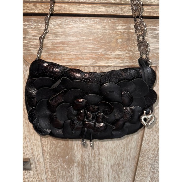 Brighton Black Floral Leather Applique Shoulder Bag Silver Chain Heart Charm - Picture 6 of 13